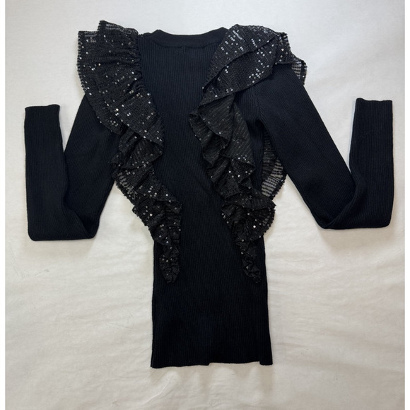 EUC Cache Ruffle Sequin Sweater Ribbed Fairy Lace Gothic Whimsigoth Black XXS - Picture 2 of 9